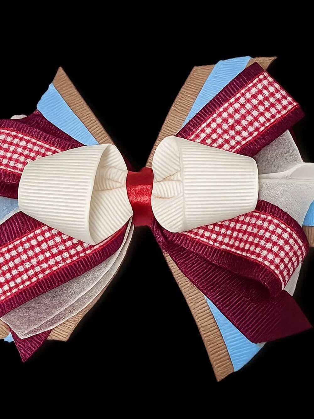 Girls‎ Layered Ribbon Hair Bow Cream, Burgundy, Blue Gingham Organza Handcrafted